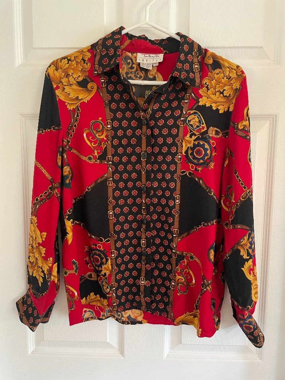 Vintage Talbots Petites 100% Silk Equestrian Print Blouse Size 6P